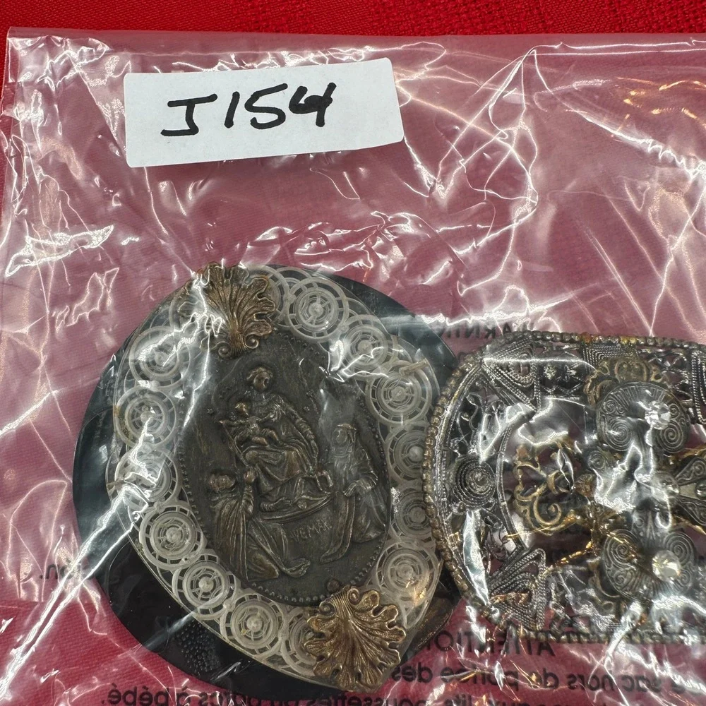 VTG 2 Handmade Religious Brooch/Necklace Ave‎ Maria Madonna Child Cross Filigree